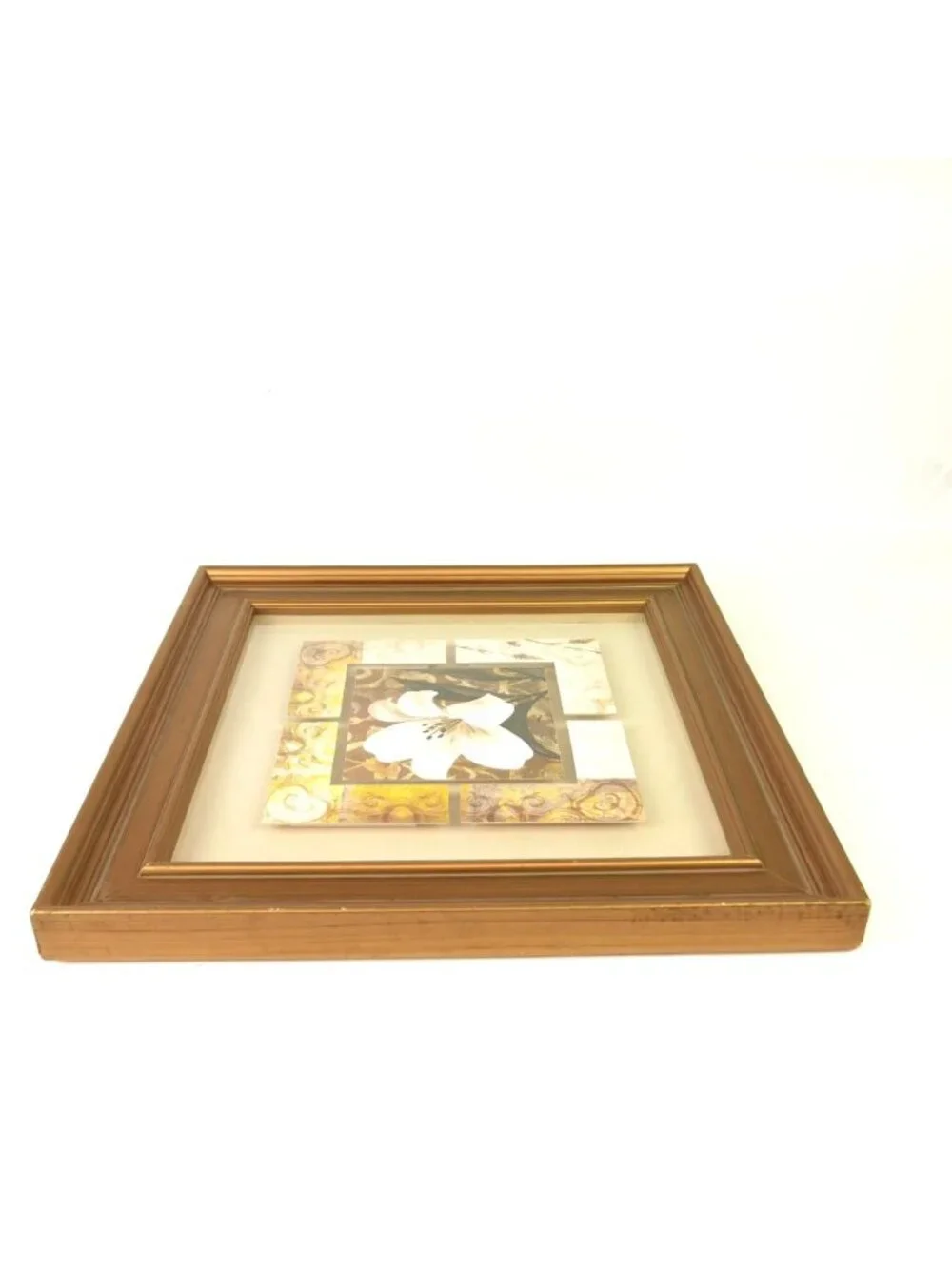 Vintage White Lily Floral Wall Art Collage Print Gold Color Frame 16” Square